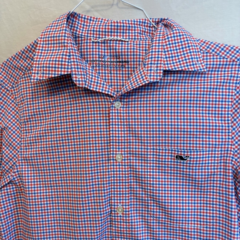 Men's Vineyard Vines Blue and Red Checkered On-The-Go Performance Shirt - Picture 2 of 3